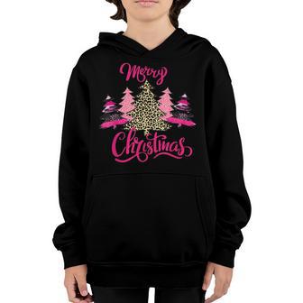 Merry Christmas Womens Girls Pink Tree Christmas Leopard V2 Youth Hoodie - Thegiftio UK