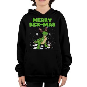 Merry Rex-Mas Dinosaur Christmas Reindeer Lights Xmas Kids Youth Hoodie - Thegiftio UK
