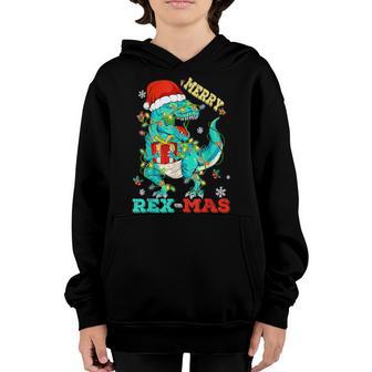 Merry Rex Mas Dinosaur Santa Christmas Tree Lights Trex Kids Youth Hoodie - Thegiftio UK