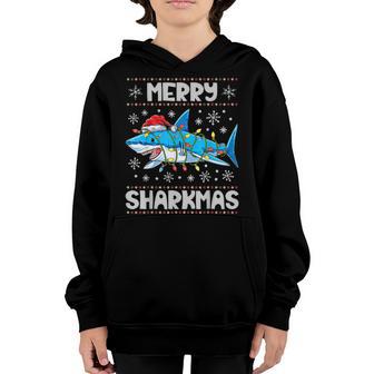 Merry Sharkmas Shark Santa Ugly Christmas Lights Boys Xmas V2 Youth Hoodie - Thegiftio UK