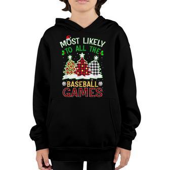 Most Likely To All The Baseball Games Red Plaid Christmas Youth Hoodie - Thegiftio UK