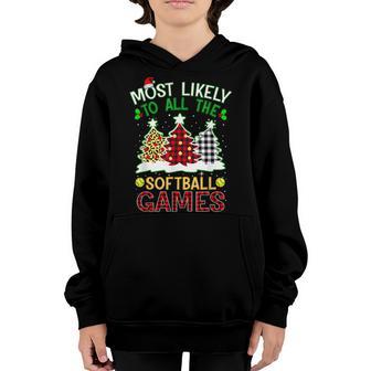 Most Likely To All The Softball Games Red Plaid Christmas Youth Hoodie - Thegiftio UK
