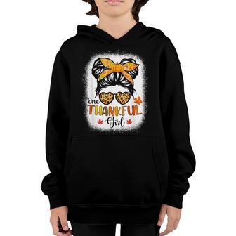 One Thankful Girl Thanksgiving Messy Bun Leopard Fall Autumn V9 Youth Hoodie - Thegiftio UK