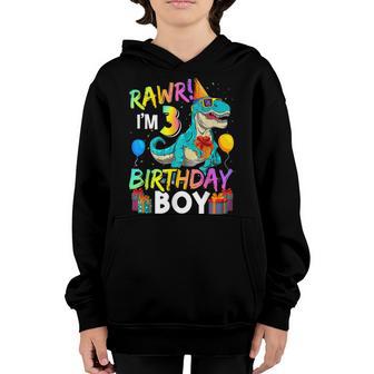 Raw Im 3 Birthday Boy Funny Dinosaur Air Balloon Youth Hoodie - Thegiftio UK