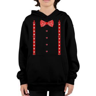 Red Hearts Bow Tie Suspenders Funny Valentines Day Boys Youth Hoodie - Thegiftio UK