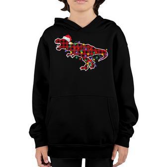 Red Plaid Dinosaur Christmas Pajamas Family Xmas Lights Boys Youth Hoodie - Thegiftio UK
