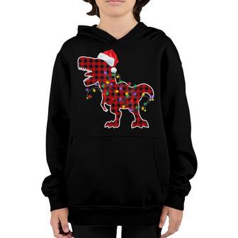Red Plaid Dinosaur Christmas Pajamas Family Xmas Lights Kids Youth Hoodie - Thegiftio UK