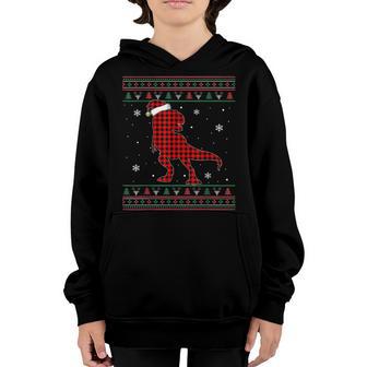 Red Plaid Dinosaur T Rex Ugly Christmas Boys Kids Son Gifts Youth Hoodie - Thegiftio UK