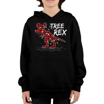 Red Plaid Dinosaur Tree Rex Christmas Lights Tree Adult Kids Youth Hoodie - Thegiftio UK