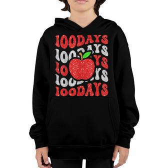 Retro Groovy 100 Days Of School Sparkle Apple Teacher Youth Hoodie - Seseable