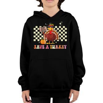 Retro Groovy Turkey Eat Pizza Funny Thanksgiving Boys Girls Youth Hoodie - Thegiftio UK