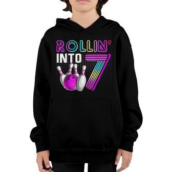 Rollin Into 7 Bowling Birthday Party 7Th Birthday Retro Girl Youth Hoodie - Thegiftio UK