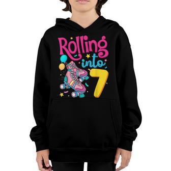 Rolling Into 7 Years Old 7Th Birthday Cute Skating Girl Youth Hoodie - Thegiftio UK