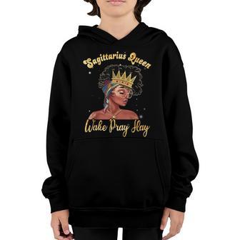 Sagittarius Queen Wake Pray Slay Birthday Zodiac Back Girl Youth Hoodie - Thegiftio UK