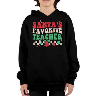 Santas Favorite Teacher Groovy Retro Christmas Boy Girl Youth Hoodie - Thegiftio UK