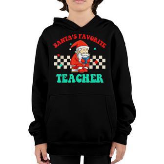 Santas Favorite Teacher Groovy Retro Christmas Boy Girl Youth Hoodie - Thegiftio UK