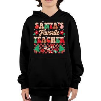 Santas Favorite Teacher Groovy Retro Christmas Boy Girl Youth Hoodie - Thegiftio UK
