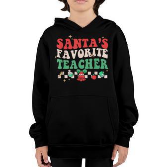 Santas Favorite Teacher Groovy Retro Christmas Boy Girl Youth Hoodie - Thegiftio UK