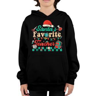 Santas Favorite Teacher Groovy Retro Christmas Boy Girl Youth Hoodie - Thegiftio UK