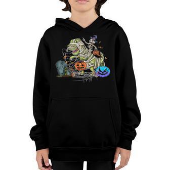Skeleton Riding Mummy Dinosaur T Rex Halloween Pumpkin Boys Youth Hoodie - Thegiftio UK