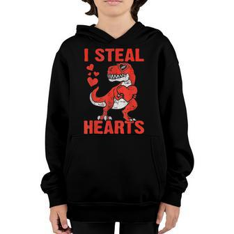 T Rex Dinosaur I Steal Hearts Valentines Day Boy Kid Toddler Youth Hoodie - Seseable