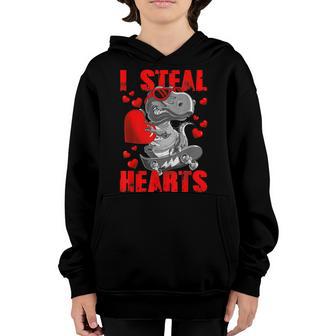 Valentines Boys Day Kids Dinosaur T Rex Lover I Steal Hearts Youth Hoodie - Thegiftio UK