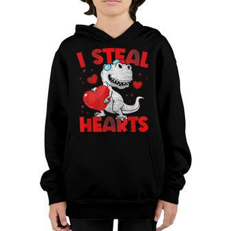 Valentines Day Boys Kids Dinosaur T Rex Lover I Steal Hearts Youth Hoodie - Seseable