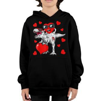 Valentines Day Heart Riding Dinosaur T Rex Funny Boys Kids Youth Hoodie - Seseable