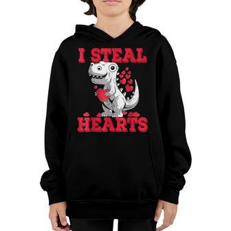 Valentines Day Kids Cute Dinosaur T Rex Lover I Steal Hearts Youth Hoodie - Seseable