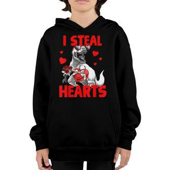 Valentines Day Kids Trex Lover I Steal Hearts For Boys Girl Youth Hoodie - Seseable
