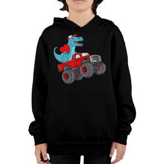 Valentines Day T Rex Riding Monster Truck Funny Toddler Boys Youth Hoodie - Thegiftio UK