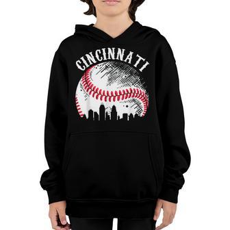 Vintage Cincinnati Skyline City Baseball Met At Gameday V2 Youth Hoodie - Thegiftio UK