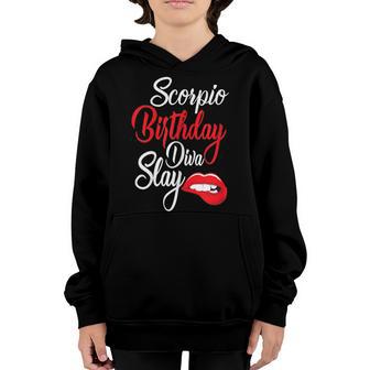 Womens Red Lip Print Scorpio Girl Birthday Diva Slay Zodiac Youth Hoodie - Thegiftio UK