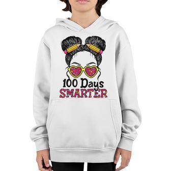 100 Days Smarter Girls Messy Bun Hair 100Th Day Of School V12 Youth Hoodie - Thegiftio UK