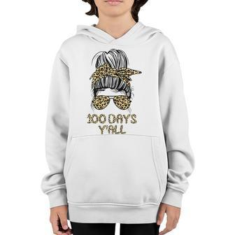 100 Days Yall Messy Bun Leopard Happy 100 Days Of School Youth Hoodie - Thegiftio UK