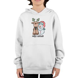 Cute Christmas Deer Snowman Hello Winter Youth Hoodie - Thegiftio UK