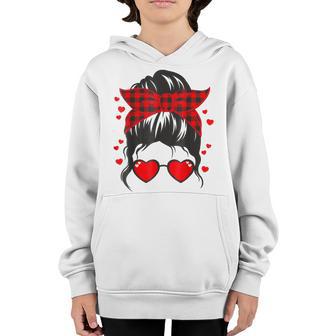Cute Girl Messy Bun Buffalo Plaid Heart Valentines Day Lover Youth Hoodie - Thegiftio UK