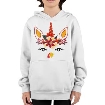 Cute Turkey Unicorn Face Flower Thanksgiving Pilgrim Girls Youth Hoodie - Thegiftio UK