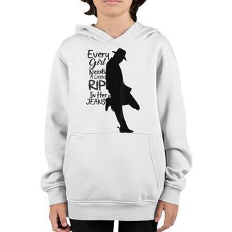 Every Girl Needs A Little Rip In Her Jeans Cow Lover Youth Hoodie - Thegiftio UK