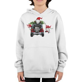 Funny Christmas Gnome On Red Plaid Truck Merry Xmas Kids Youth Hoodie - Thegiftio UK