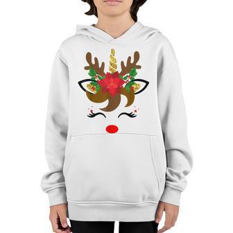 Funny Christmas Unicorn Face Reindeer Flower Girl Women N V2 Youth Hoodie - Thegiftio UK