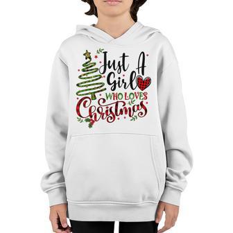 Just A Girl Who Loves Christmas Funny Xmas Buffalo Plaid Red Youth Hoodie - Thegiftio UK
