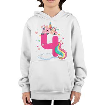 Kids 4 Year Old Gifts 4Th Birthday Girls Kids Unicorn Face Flower Youth Hoodie - Thegiftio UK