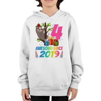 Kids 4 Year Old Sloth Awesome Since 2019 4Th Birthday N Girls Youth Hoodie - Thegiftio UK