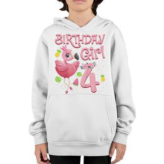 Kids 4Th Birthday Girls Flamingo 4 Years Old Tropical Flamingo Youth Hoodie - Thegiftio UK