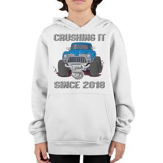 Kids 5 Crushing It Since 2018 Monster Truck 5Th Birthday Boys Youth Hoodie - Thegiftio UK