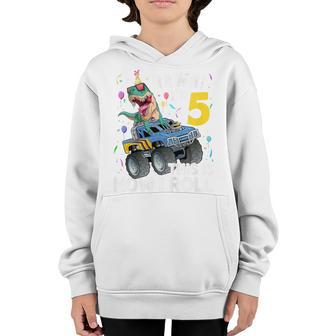 Kids 5 Year Old Dinosaur T Rex Monster Truck 5Th Birthday Boys Youth Hoodie - Thegiftio UK