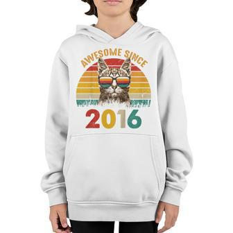 Kids 7Th Birthday Cat Lover Gift Retro Sunset Awesome Since 2016 Youth Hoodie - Seseable