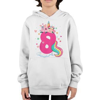 Kids 8 Year Old Gifts 8Th Birthday Girls Kids Unicorn Face Flower Youth Hoodie - Thegiftio UK