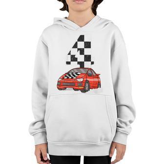 Kids Birthday Boy 4 Four Race Car 4Th Birthday Racing Car Flag Youth Hoodie - Thegiftio UK